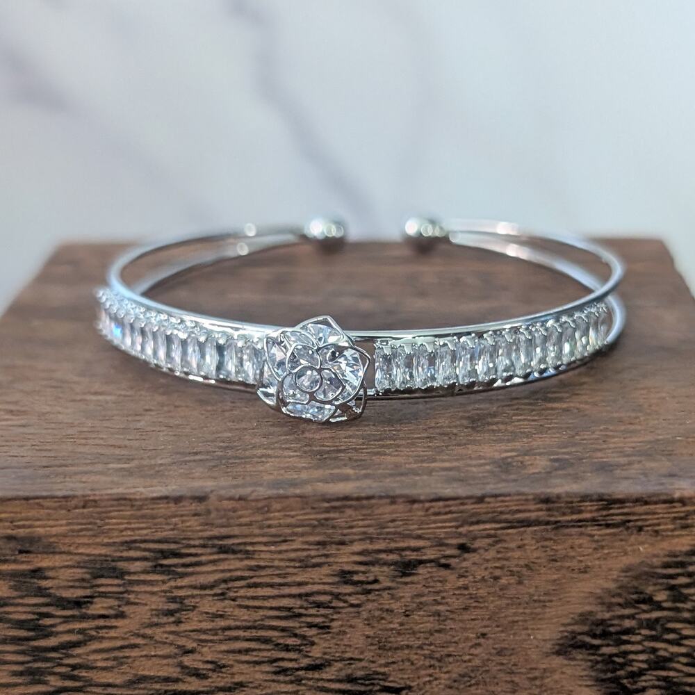 Silver Tone & Clear Gems Flower Cuff Bracelet